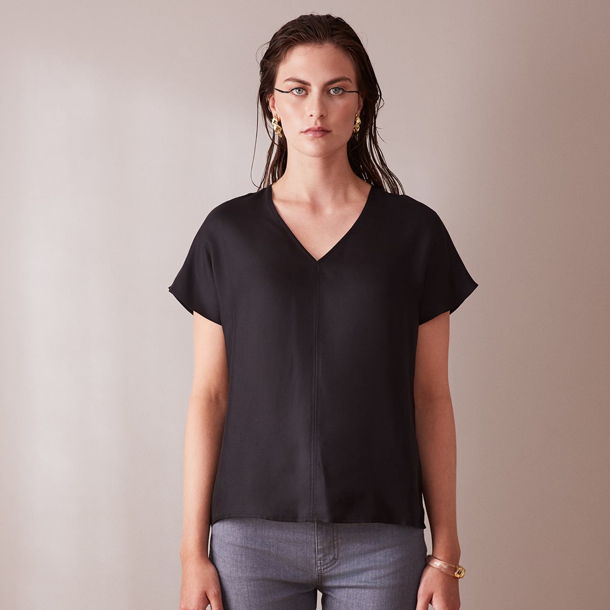 Black v-neck silk tee