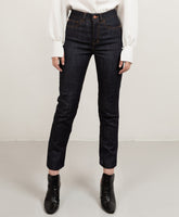 Cropped custom fit denim in Dark Blue with tabacco stitch