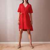 Knee-length day silk dress in Red