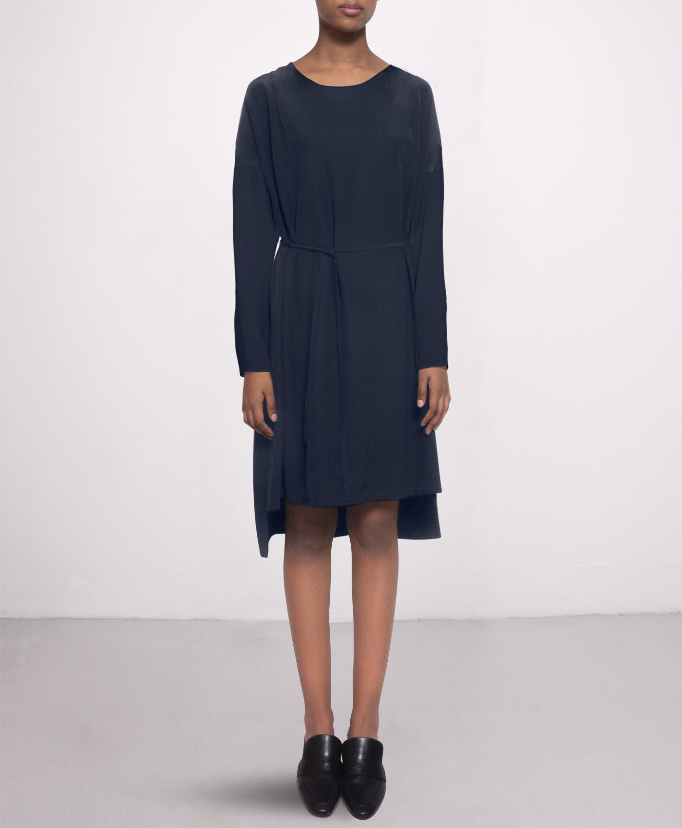 silk dress in navy blue