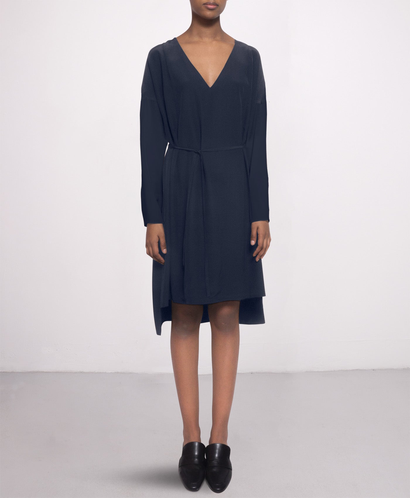 silk dress in navy