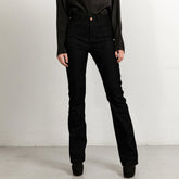Black flared jeans with matching stitch, long