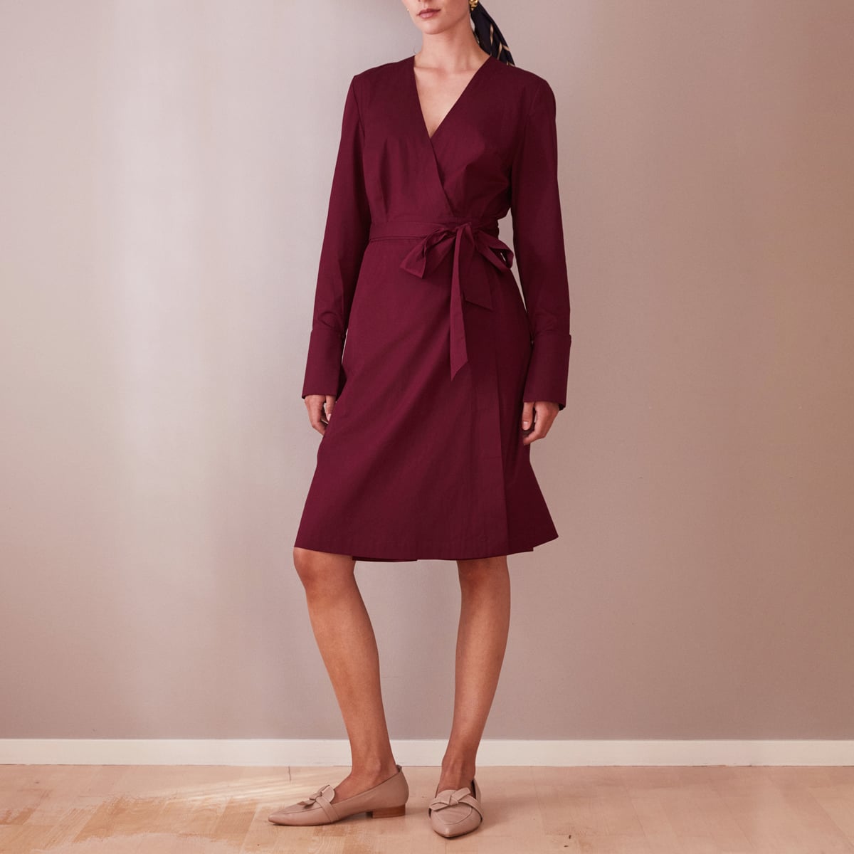 Knee Length Wine Red Wrap Dress