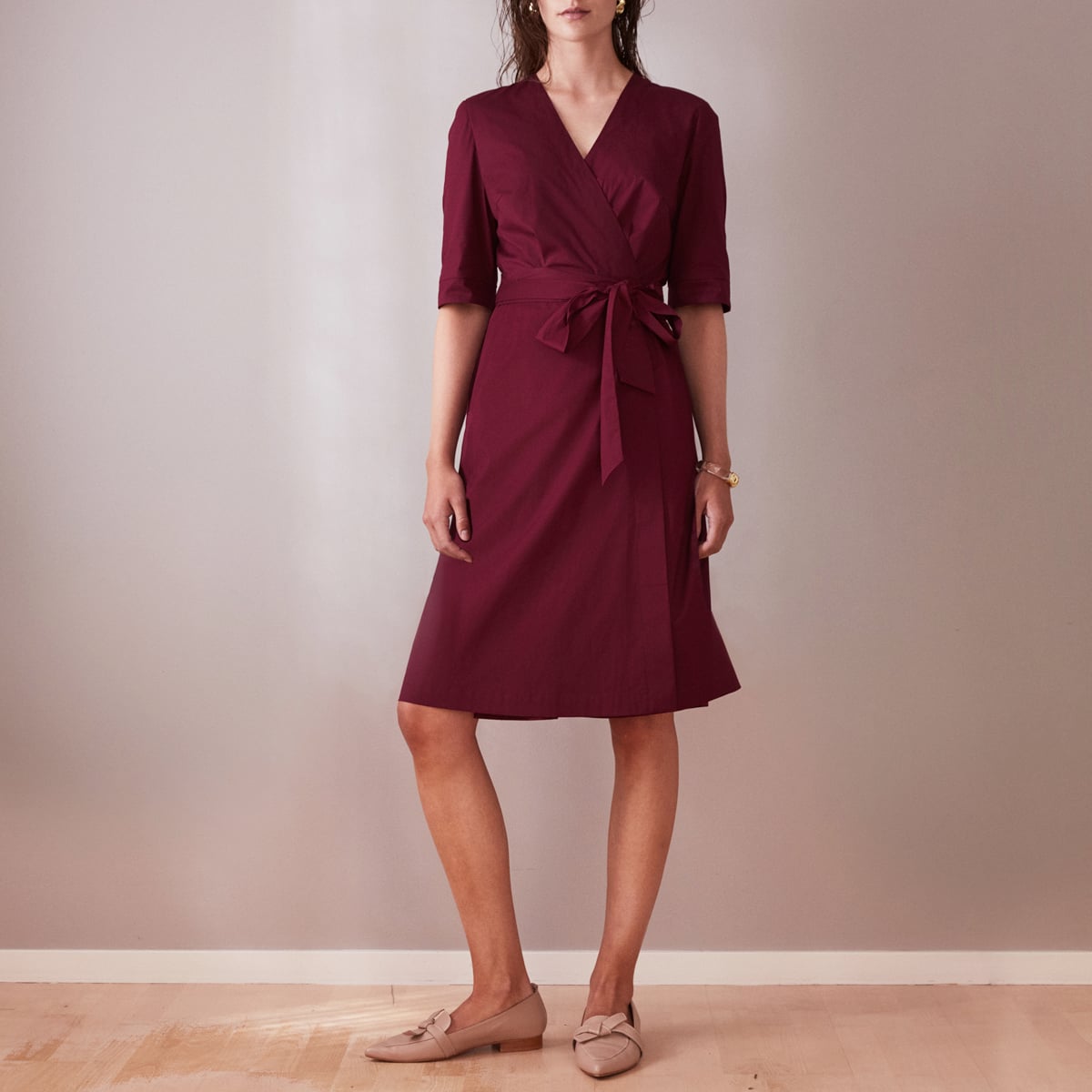 Knee Length Wine Red Wrap Dress with short sleeves