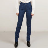 Long mid blue straight leg denim tobacco stitch