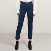 Cropped straight leg denim in mid blue, tobacco stitch