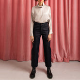 Dark blue wide leg jeans with matching stitches