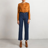 Mid blue wide leg jeans, sand stitch