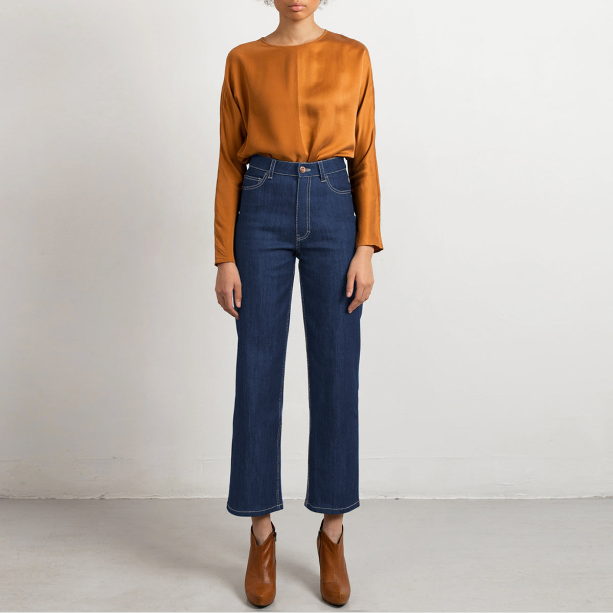 Mid blue wide leg jeans, off-white stitch
