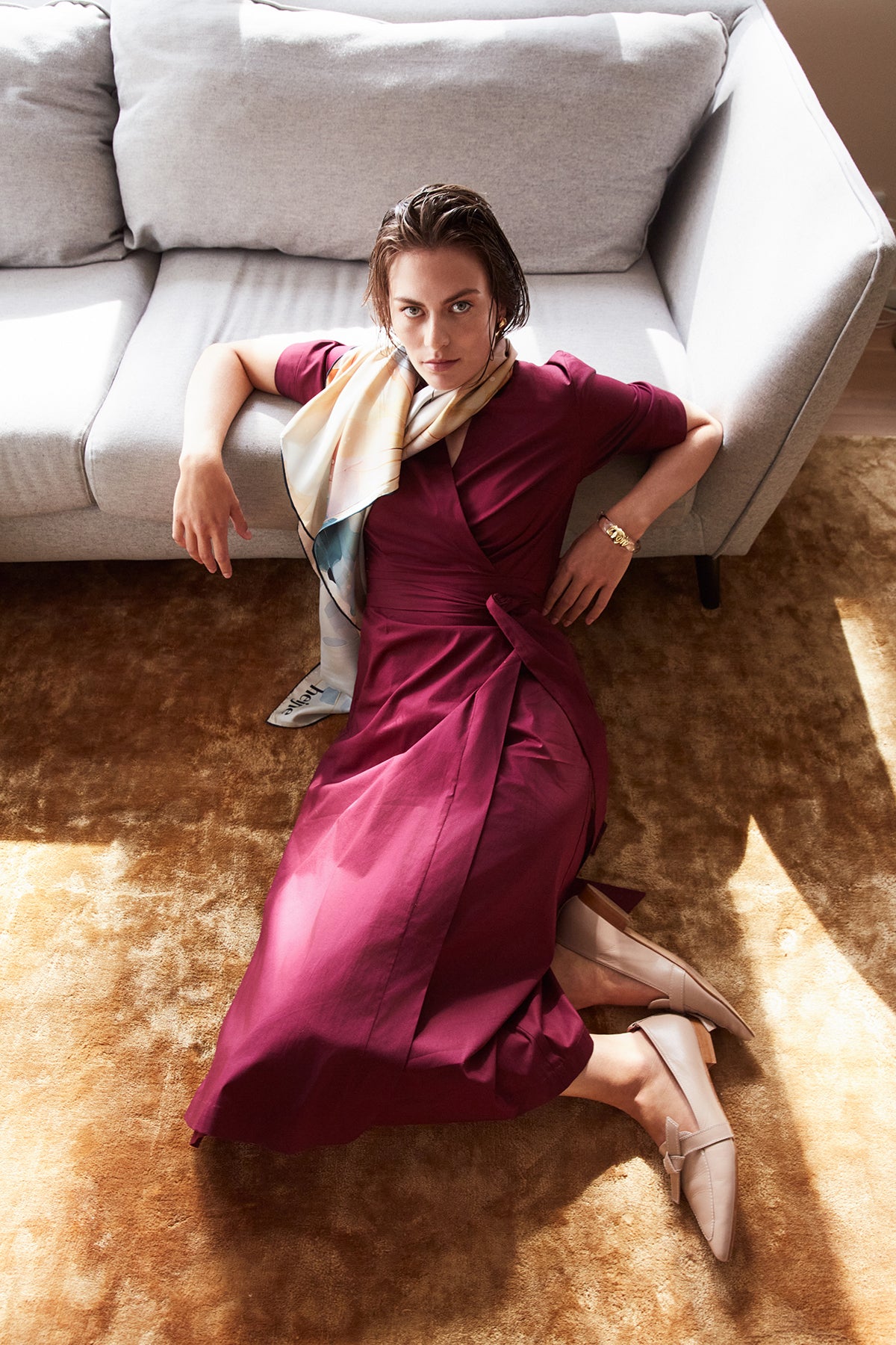 red satin wrap midi dress Red Satin Wrap Midi Dress with Long Lantern Sleeves and Slit (S/M, red)