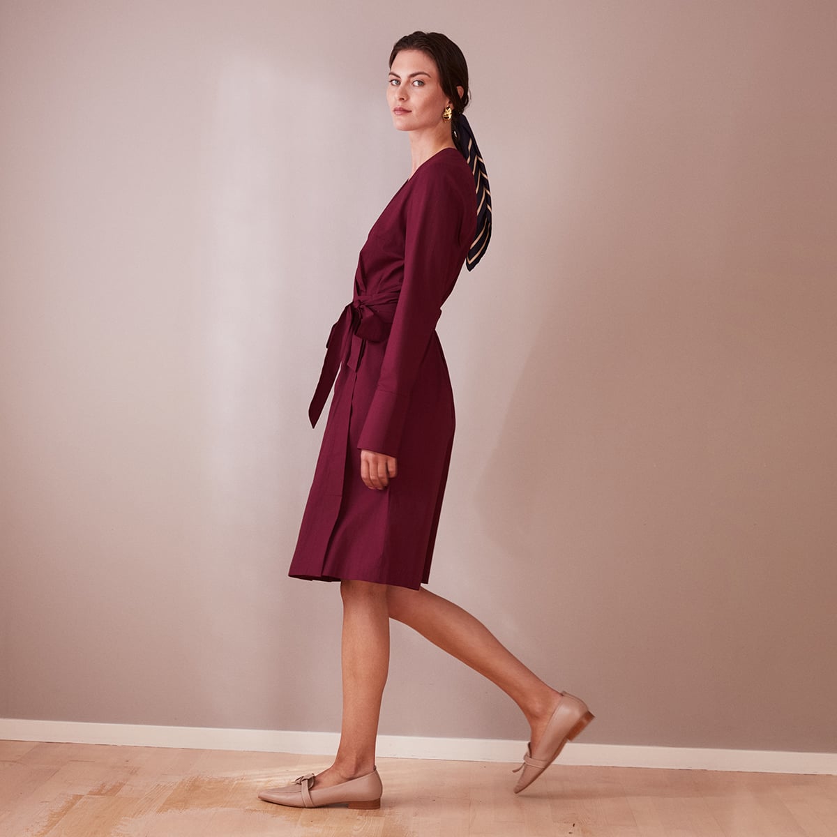 Knee Length Wine Red Wrap Dress