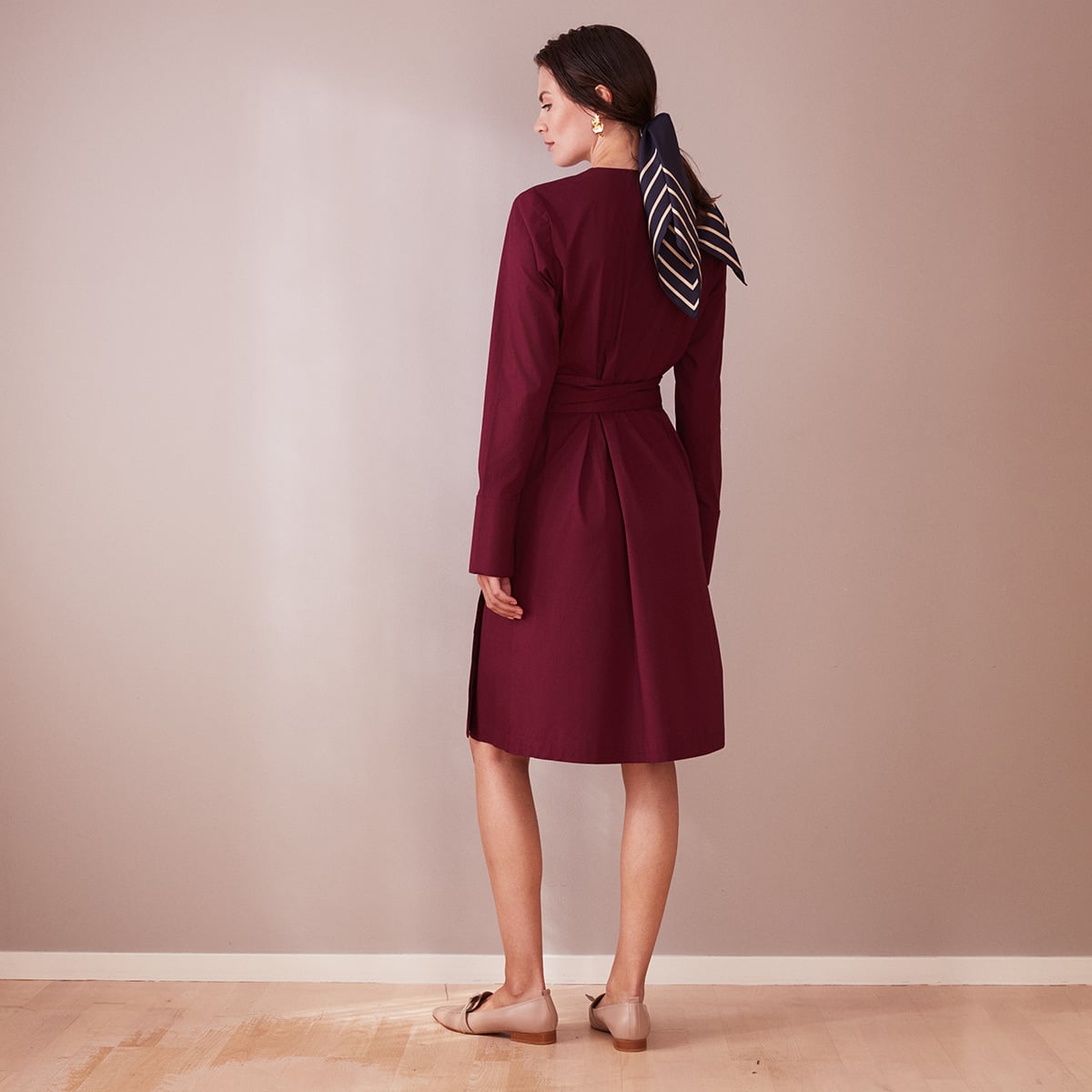 Knee Length Wine Red Wrap Dress