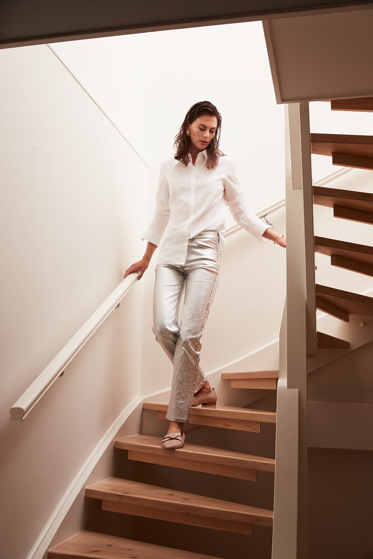 Straight leg silver metallic jeans