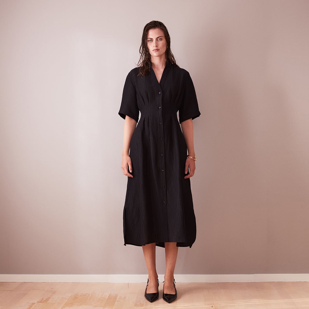 Åsa black long shirt dress silk/linen