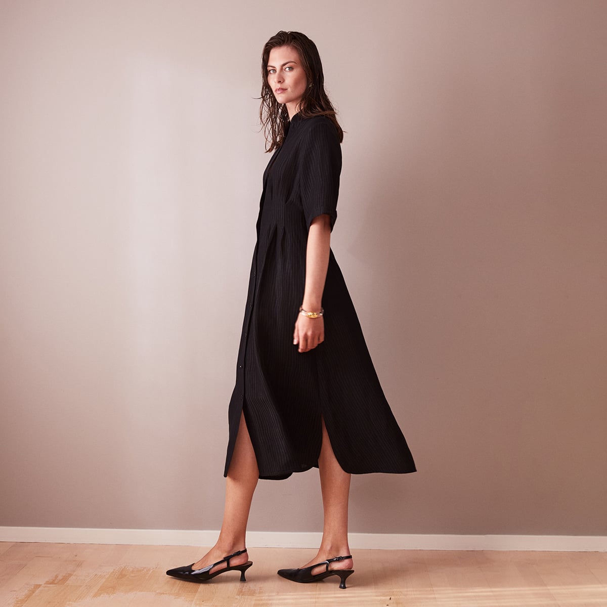 Åsa black long shirt dress silk/linen