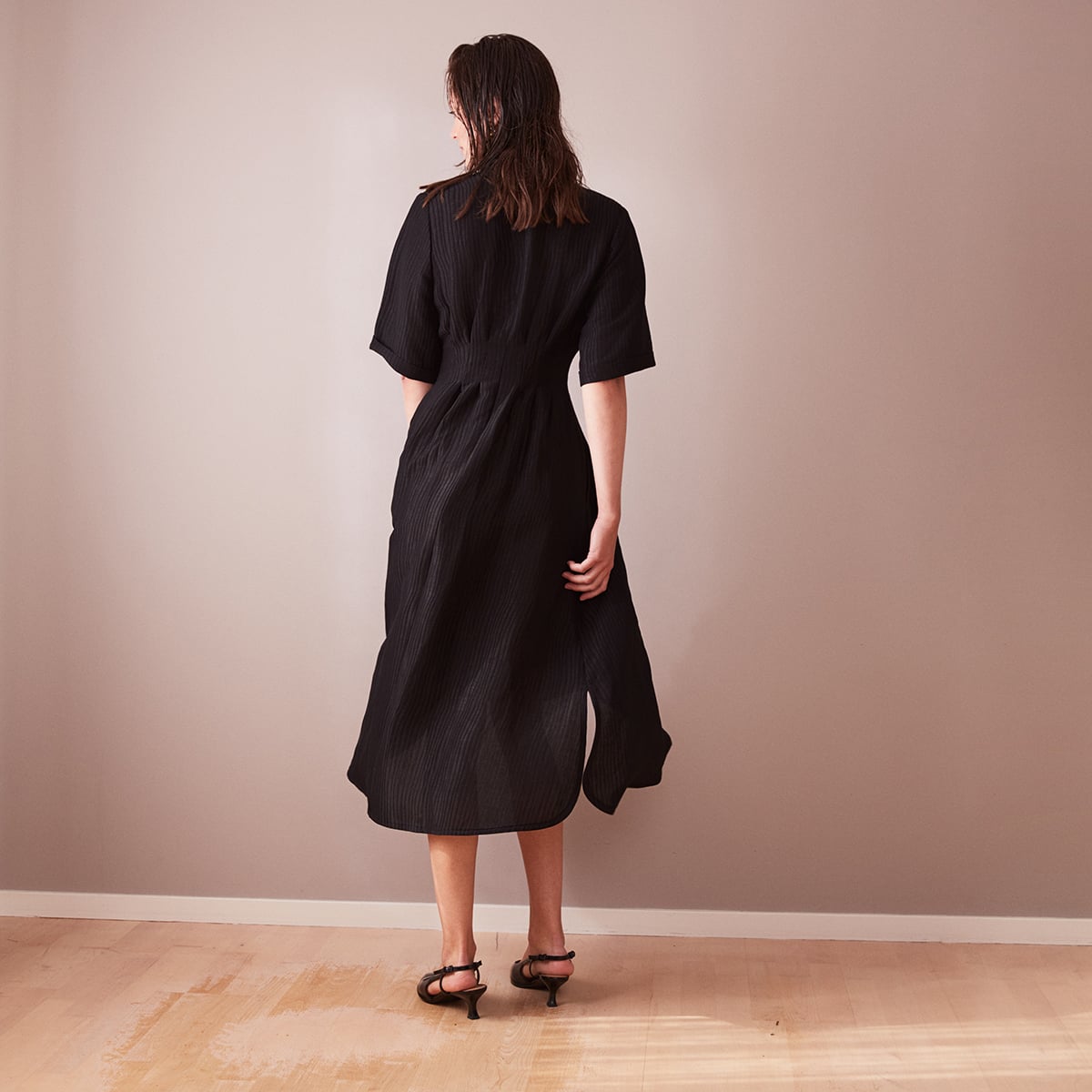 Åsa black long shirt dress silk/linen