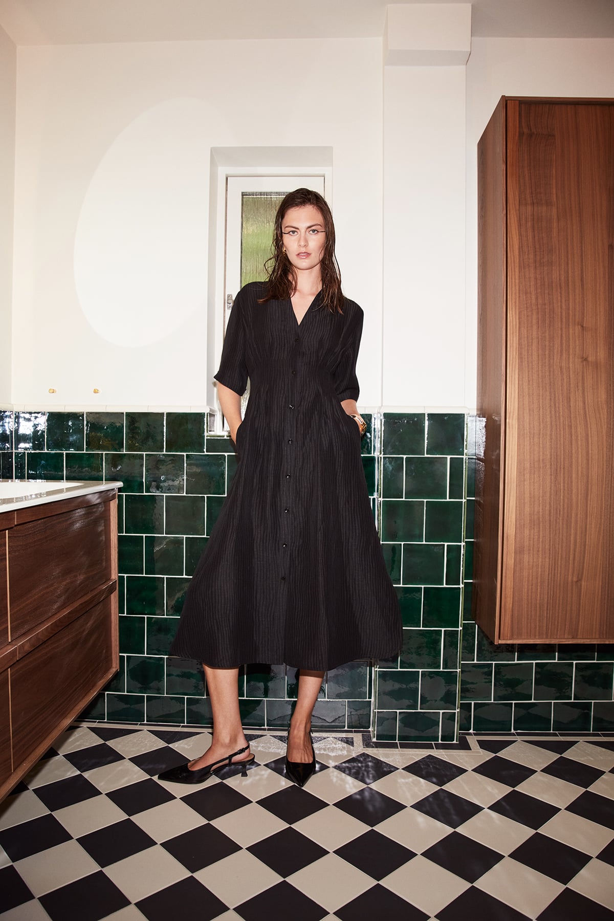 Åsa black long shirt dress silk/linen