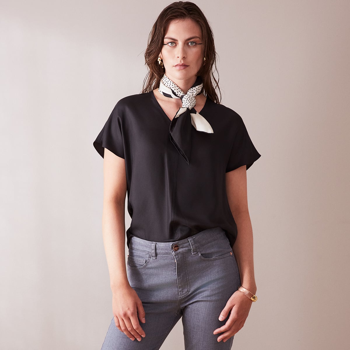 Black v-neck silk tee