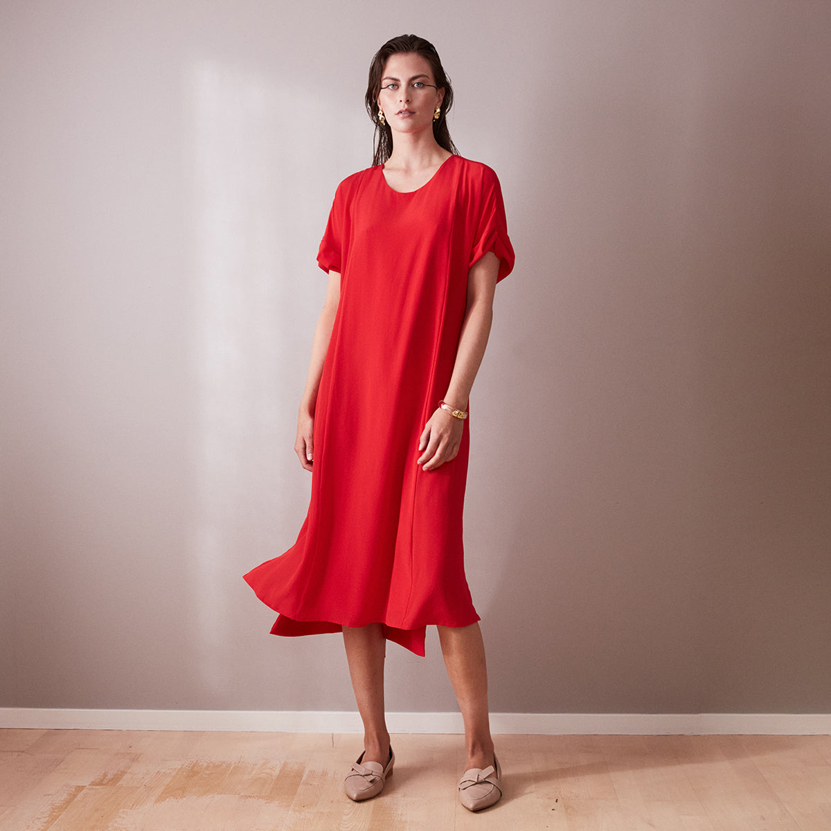 Red silk crepe midi Dress