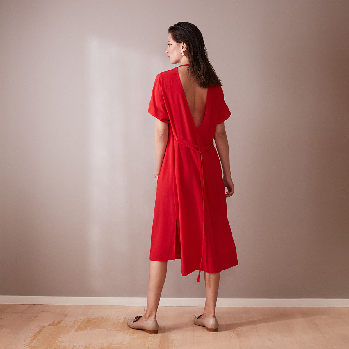Red silk crepe midi Dress