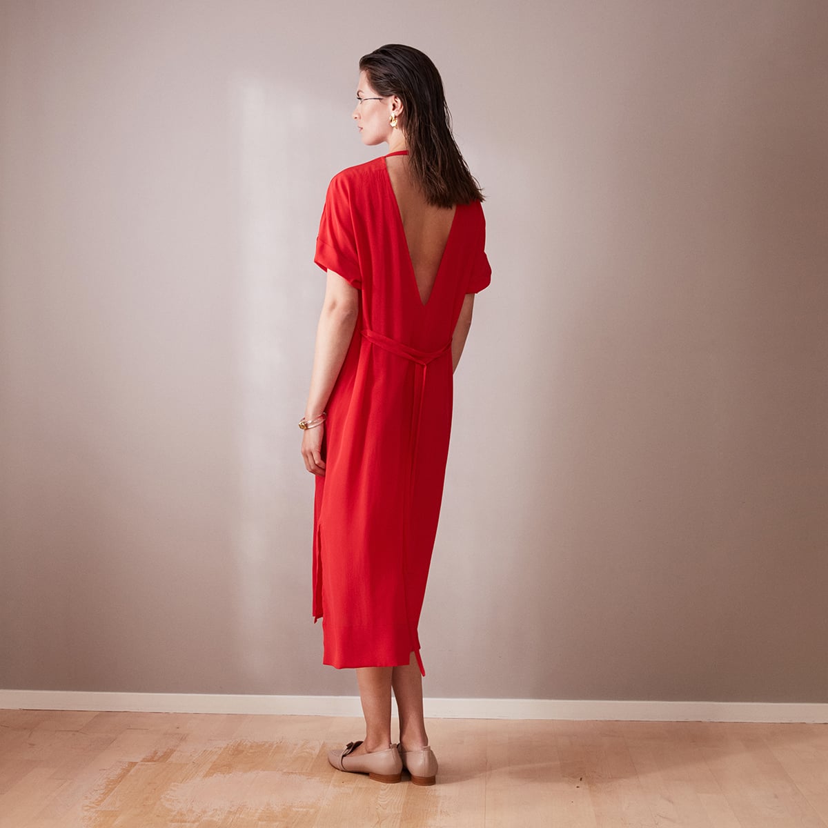 Red silk crepe midi Dress