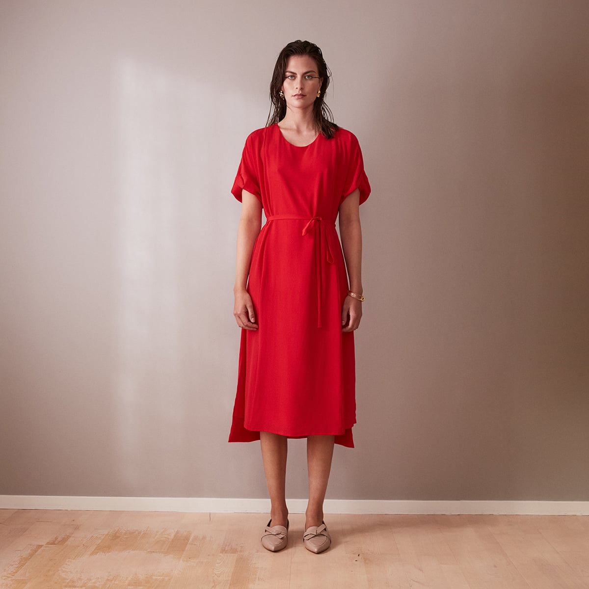 red silk dress midi & Other Stories satin crepe midi dress with drape neck in red