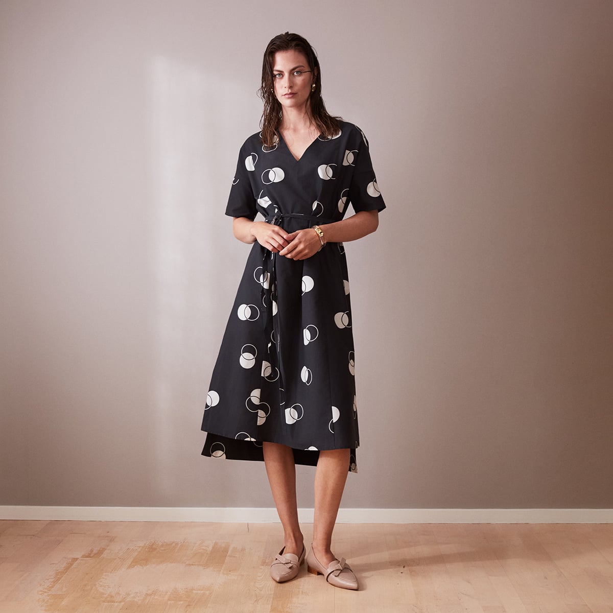 Black & White Dot Print Midi Dress