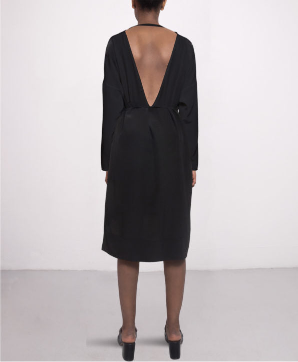 Knee-length day silk dress in Black LS RN