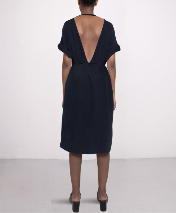 Knee-length day silk dress in Navy blue SL RN