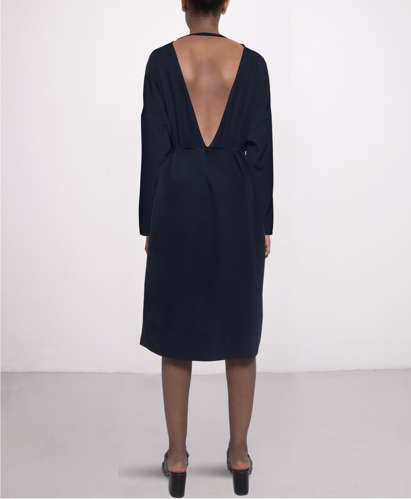 Knee-length day silk dress in Navy blue LS RN