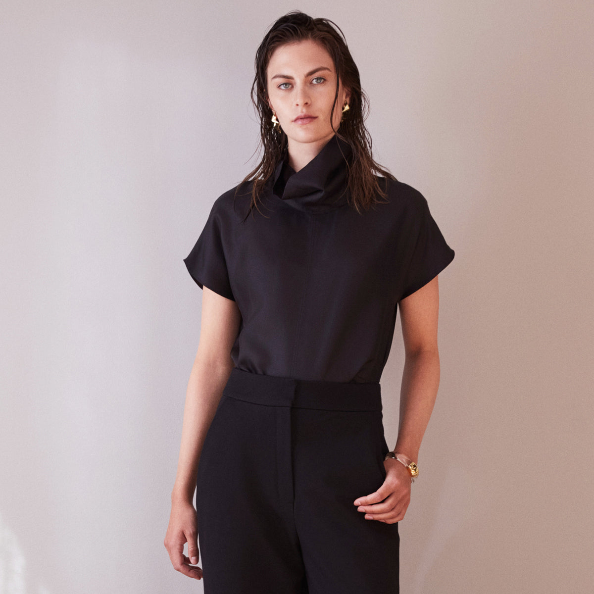 Black silk tee with cowl neck