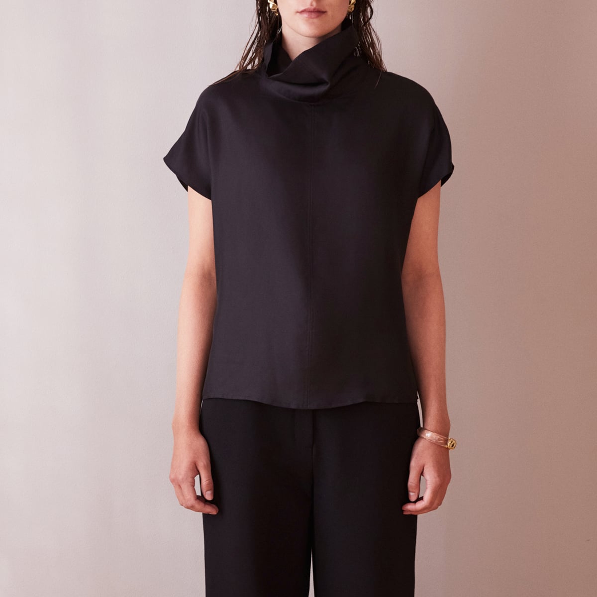 Black silk tee with cowl neck