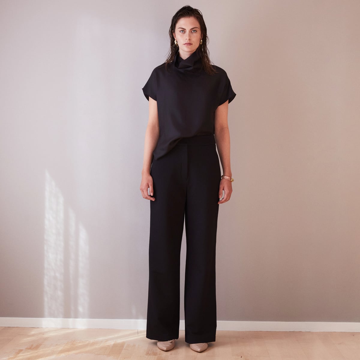 Black silk tee with cowl neck