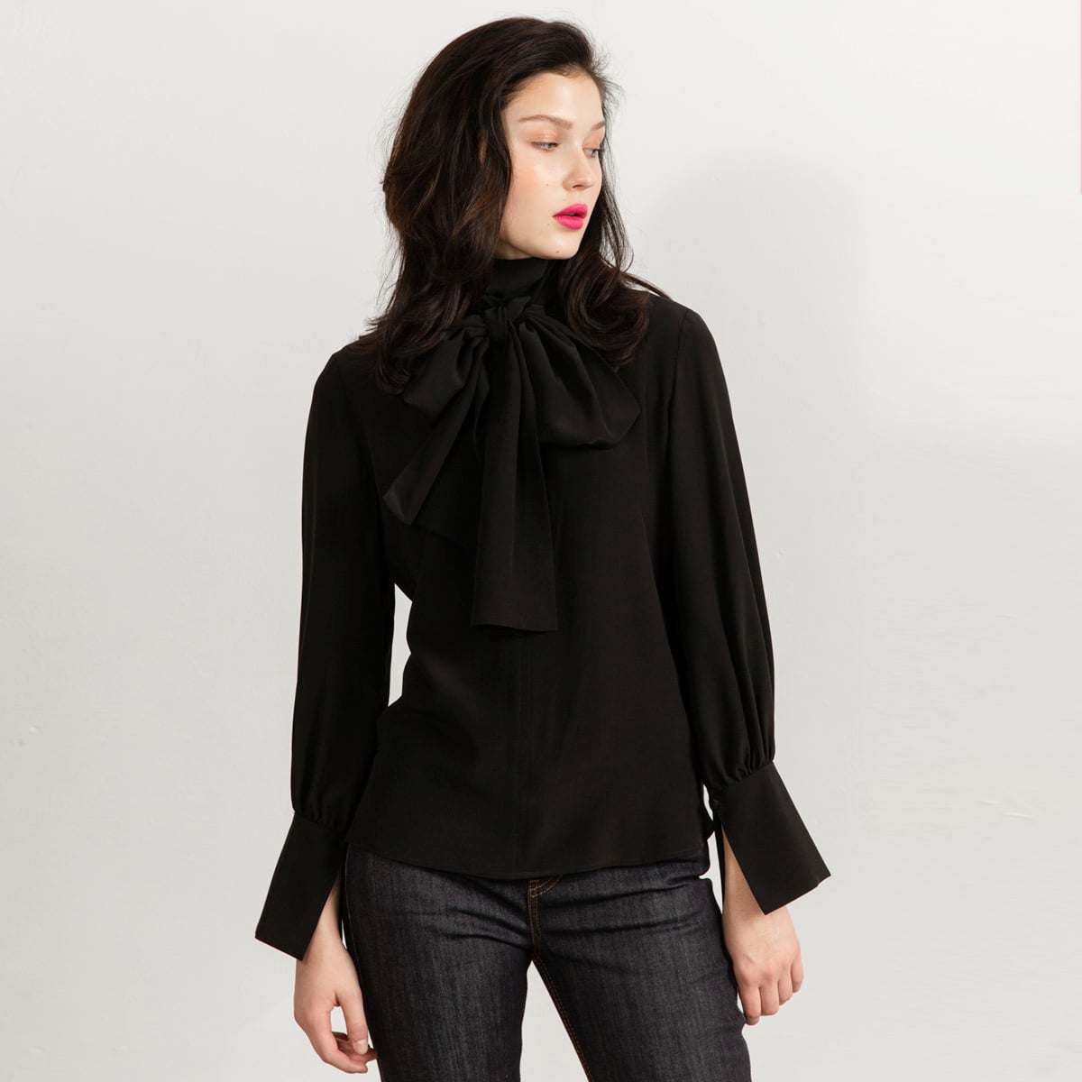 Bow tie blouse black silk