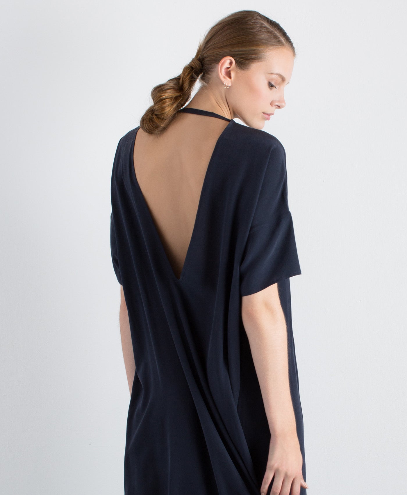 silk dress in navy