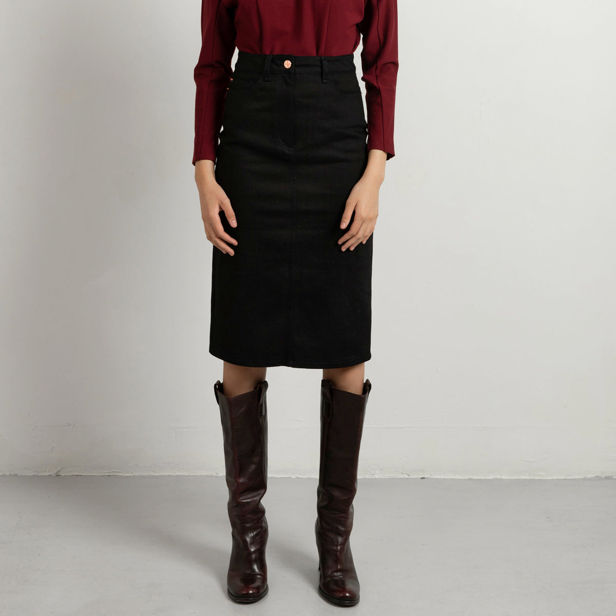 Custom-fit black denim skirt