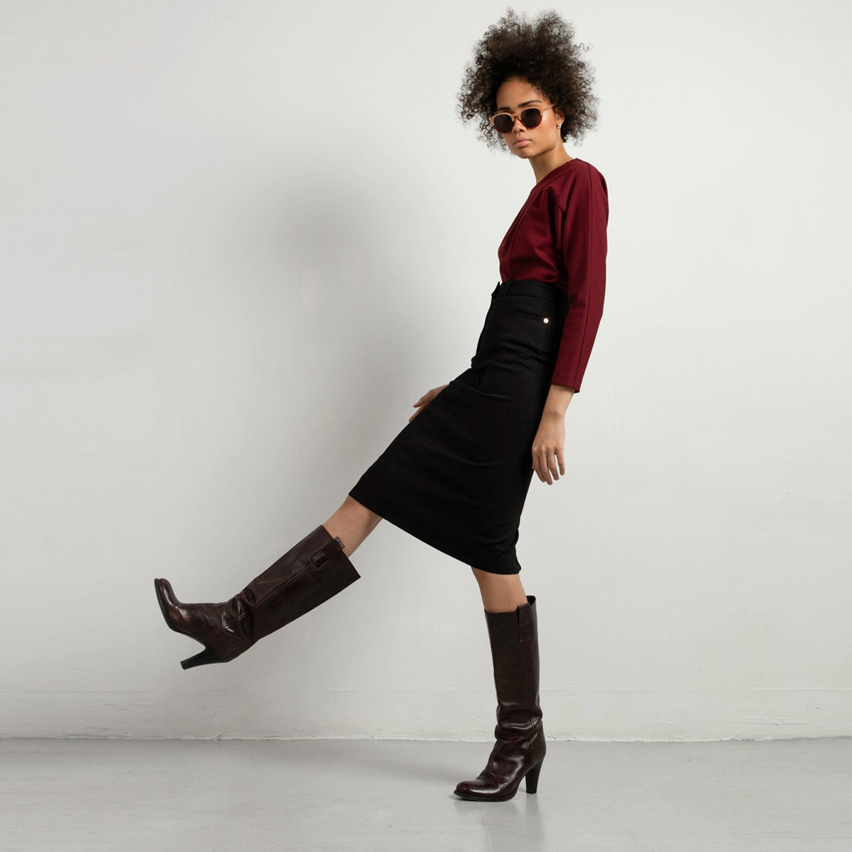 Custom-fit black denim skirt