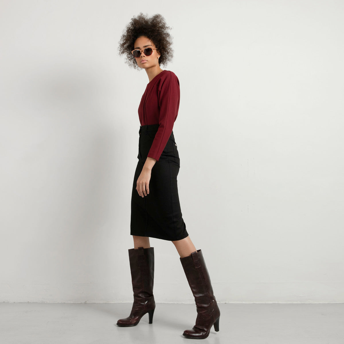 Custom-fit black denim skirt