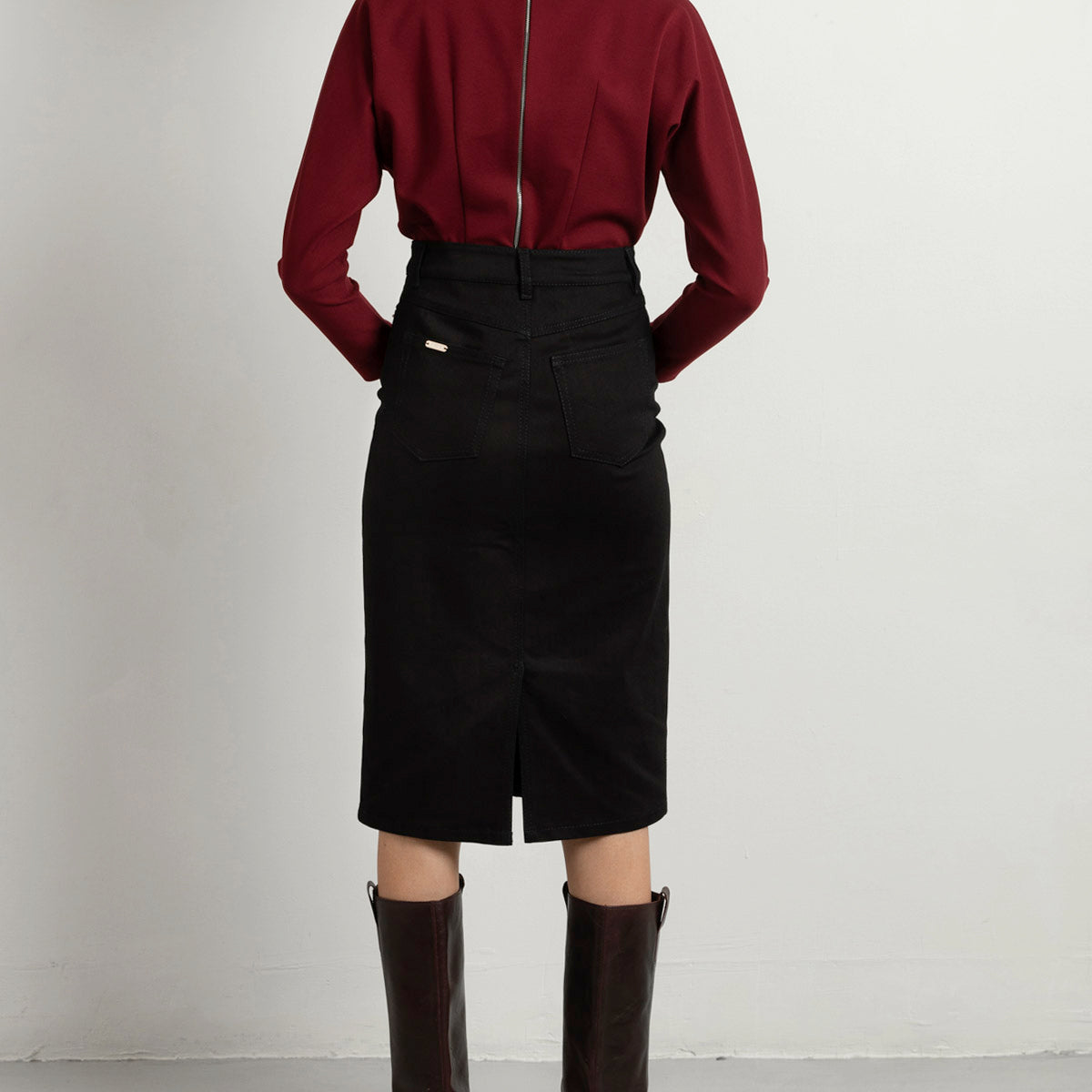 Custom-fit black denim skirt