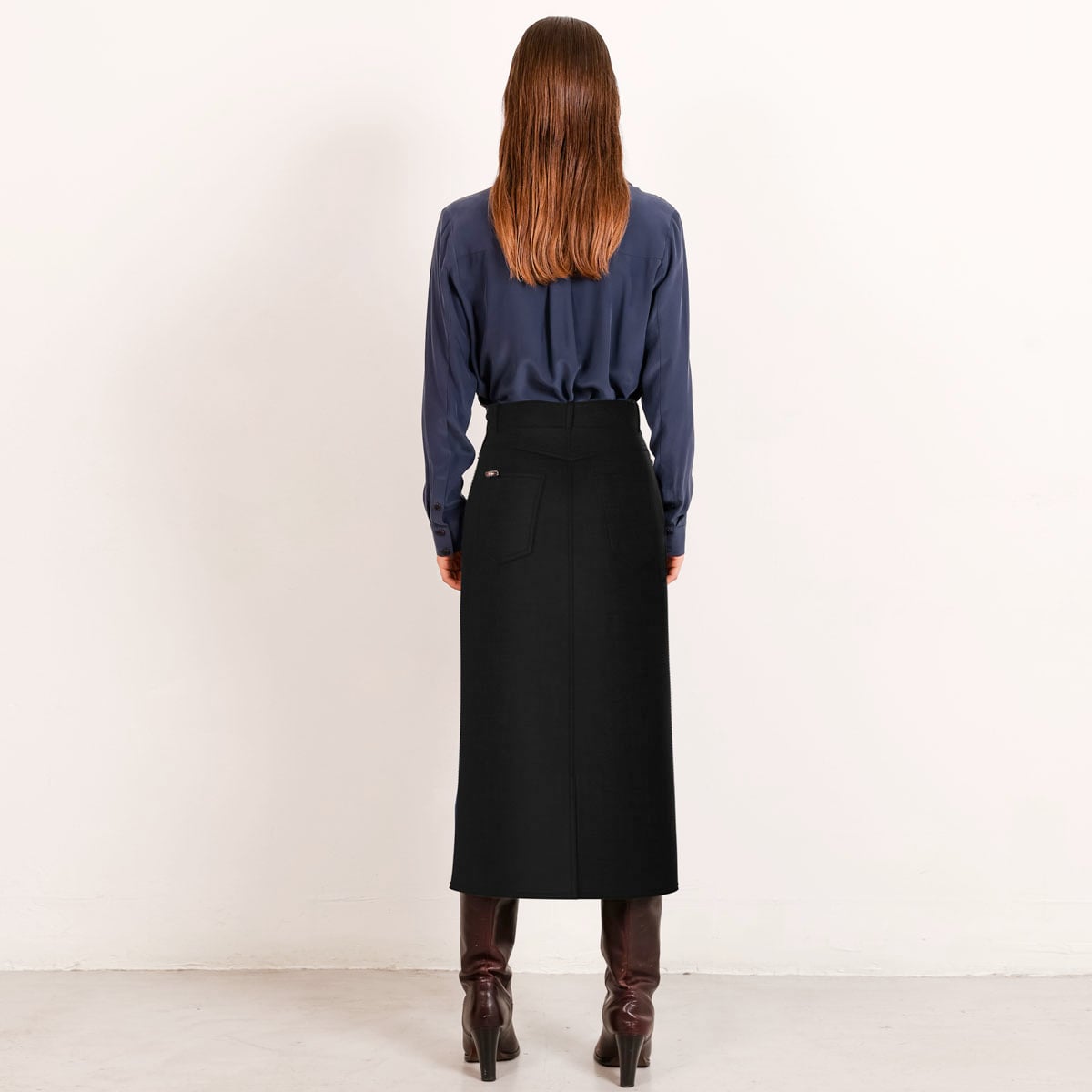 Custom-fit black midi denim skirt