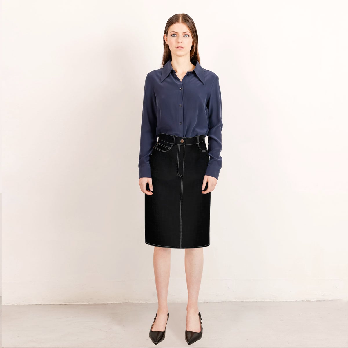 Custom-fit black denim skirt white stitch