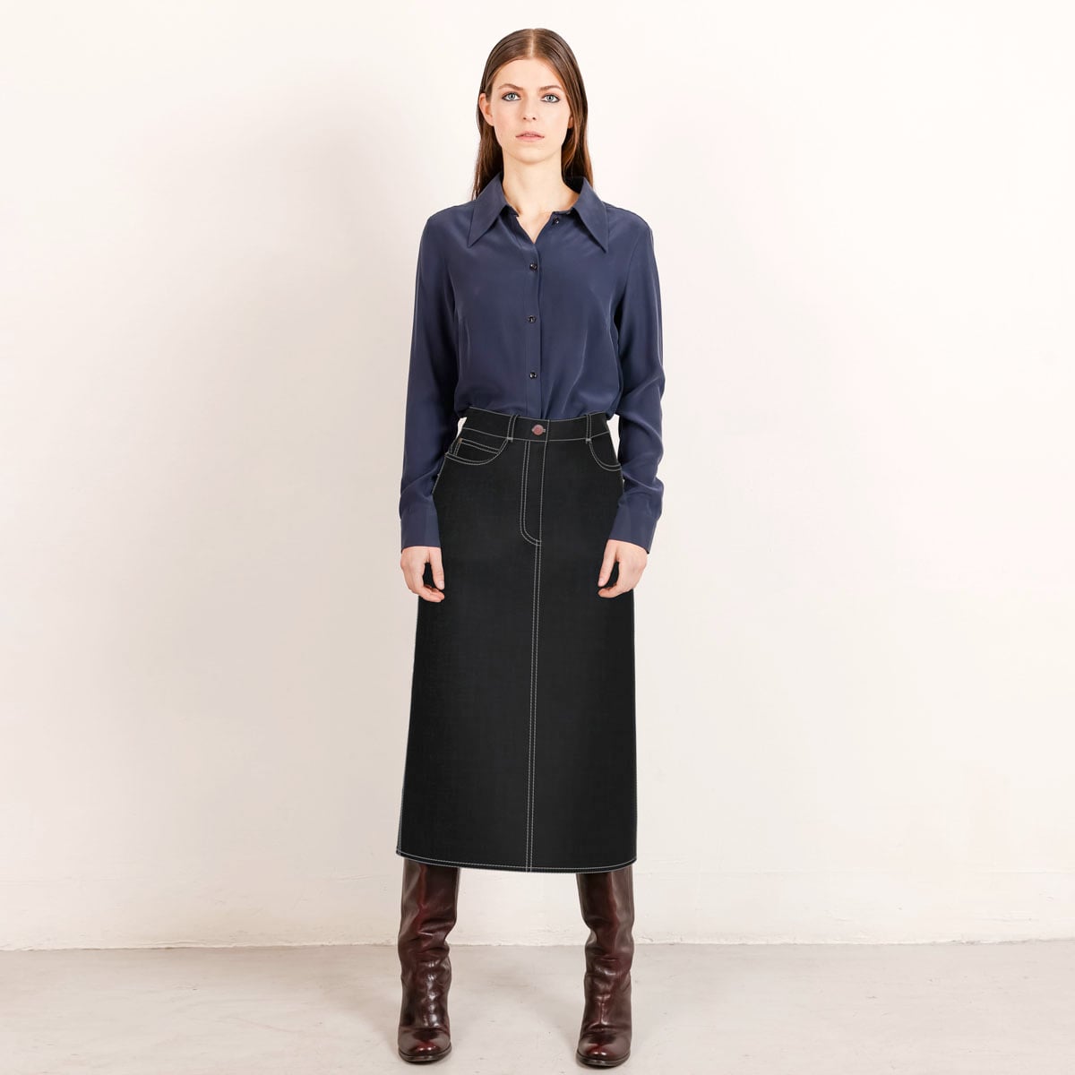 Custom-fit black midi denim skirt white stitch