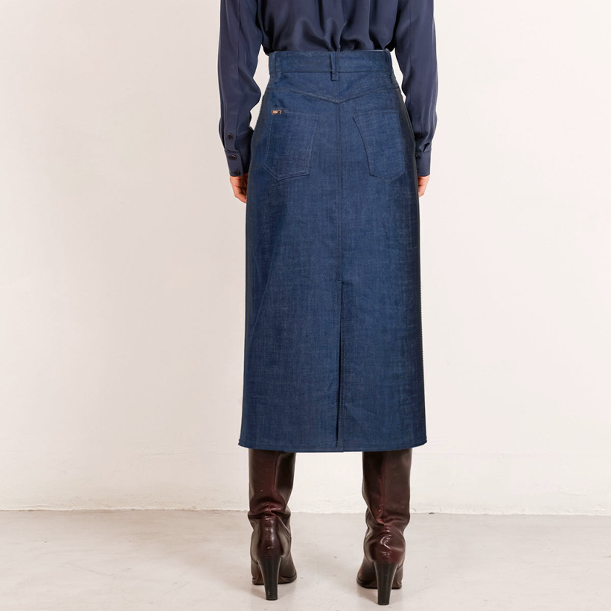 Mid blue midi denim skirt blue stitching