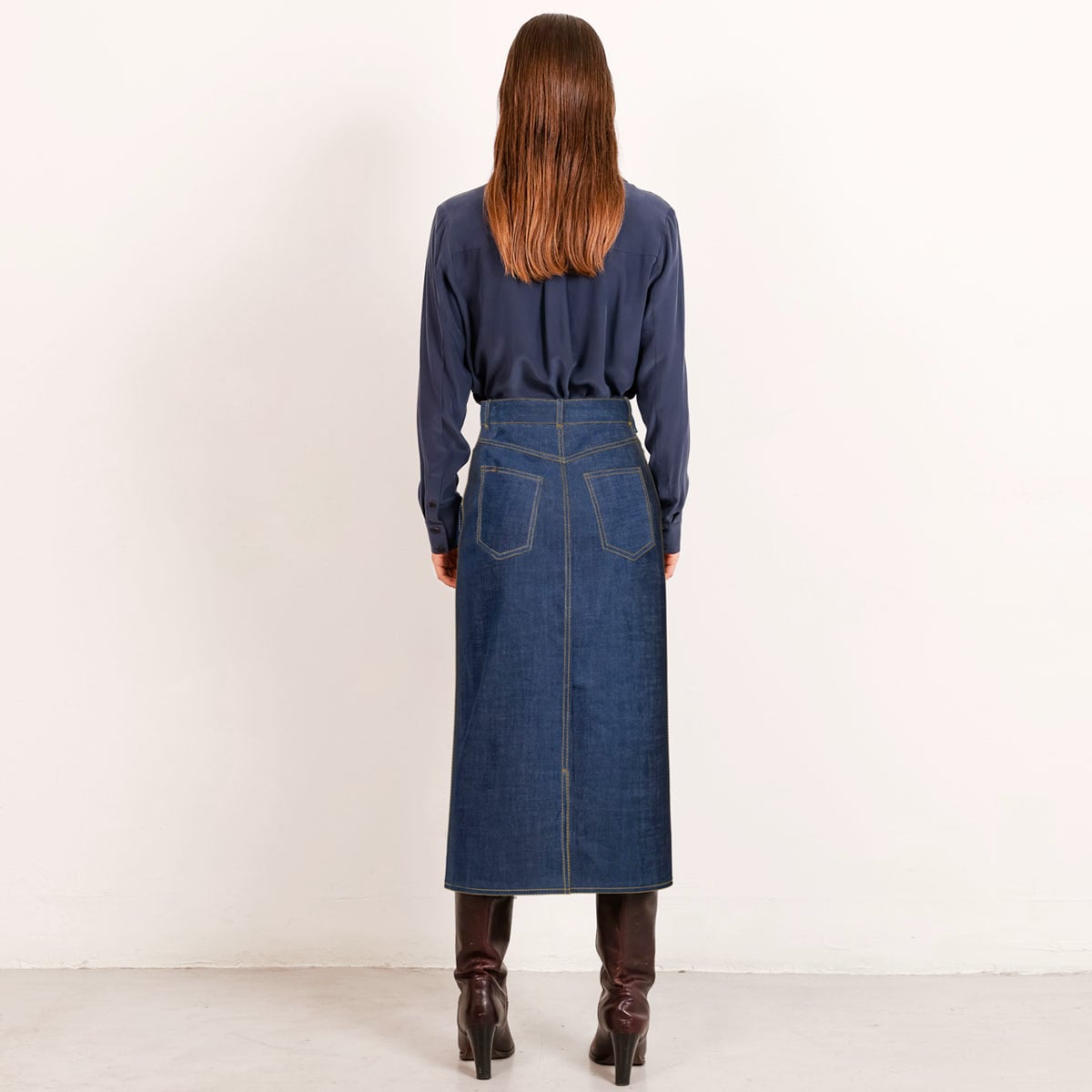 Mid blue midi denim skirt sand stitching