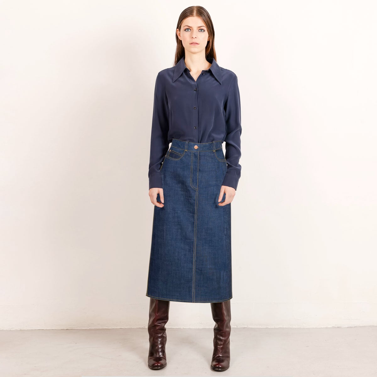 Mid blue midi denim skirt sand stitching