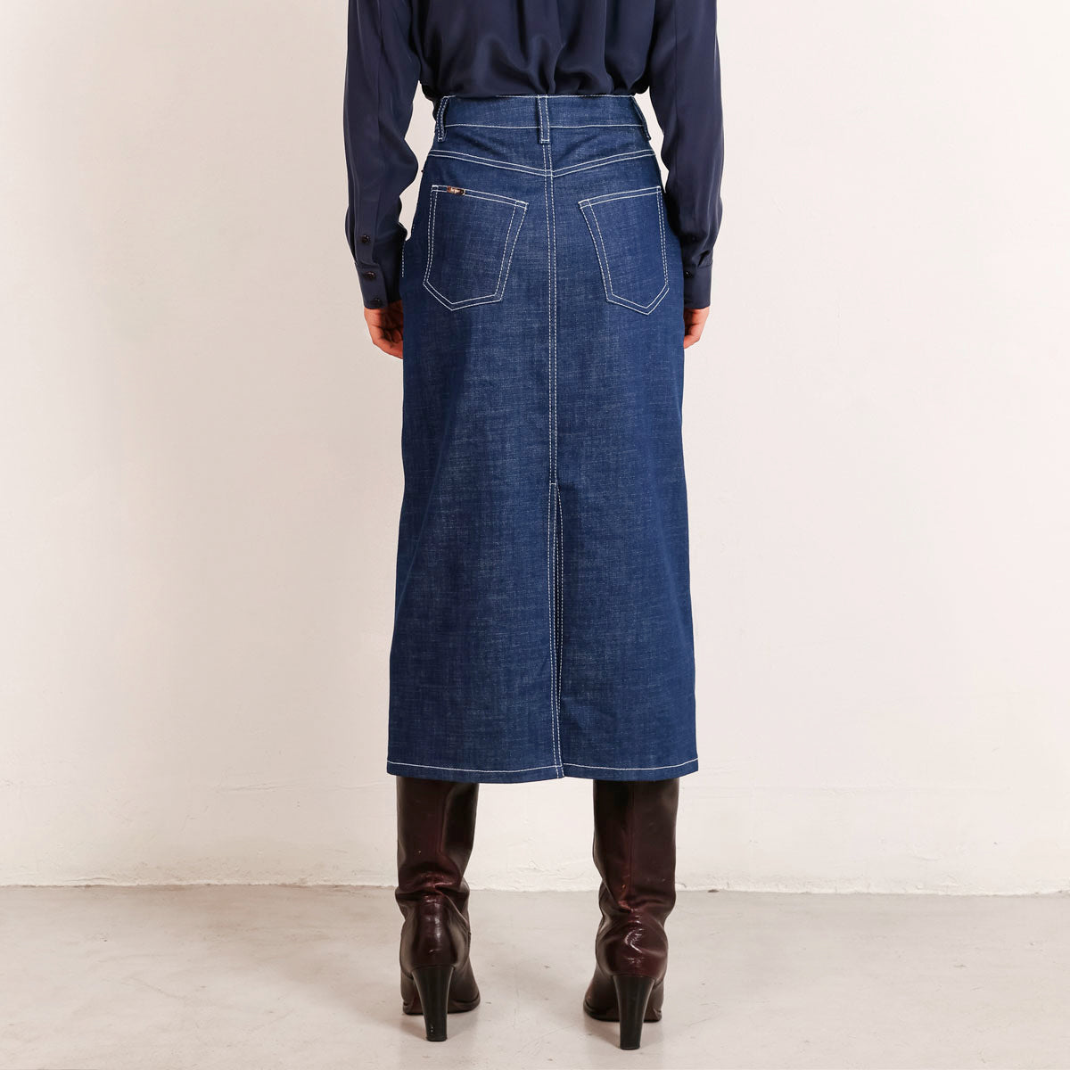 Mid blue midi denim skirt white stitching
