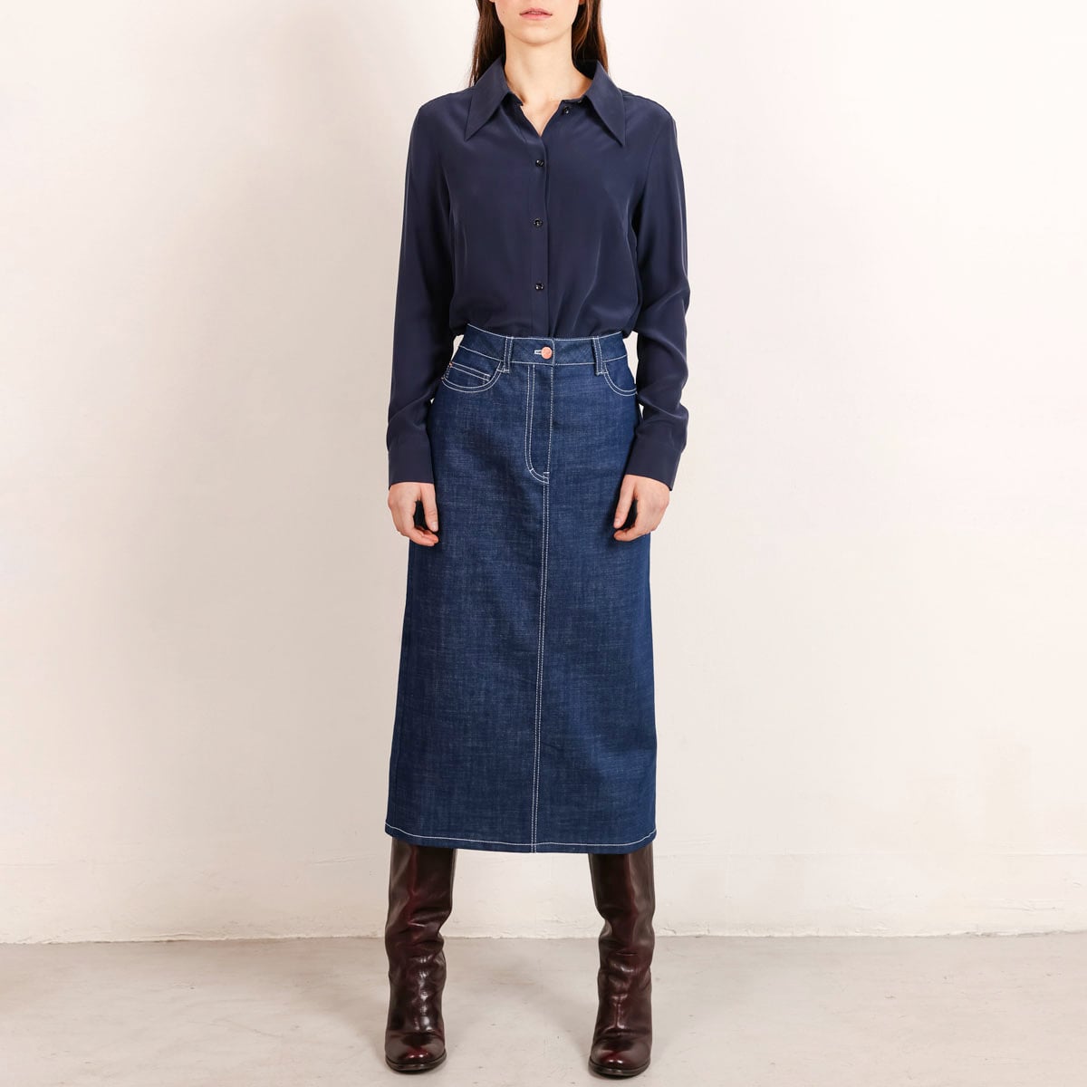 Mid blue midi denim skirt white stitching