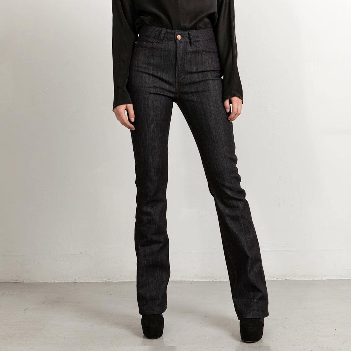 Long blue flared jeans with matching stitching