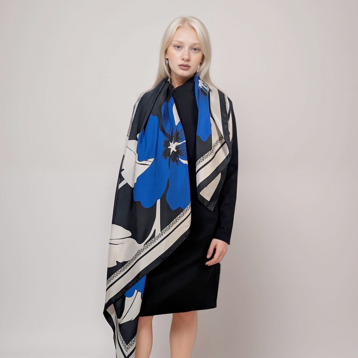 Large silk scarf Blue Flower