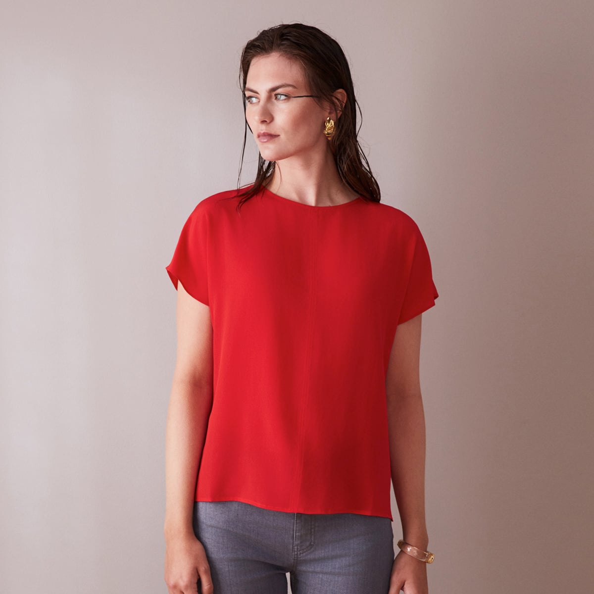 Red silk crepe tee